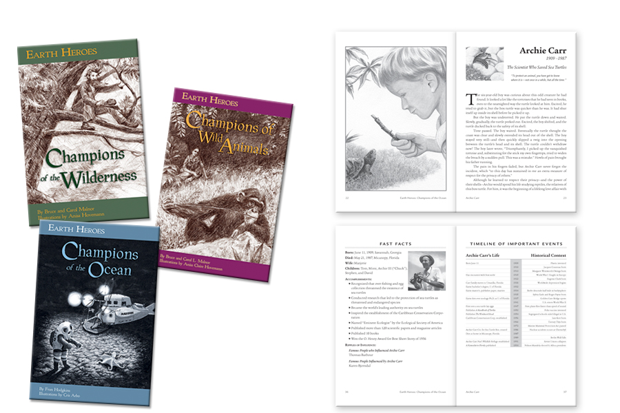 Earth Heroes 3 book series–Cover and interior design, graph illustrations, production and composition for Dawn Publications